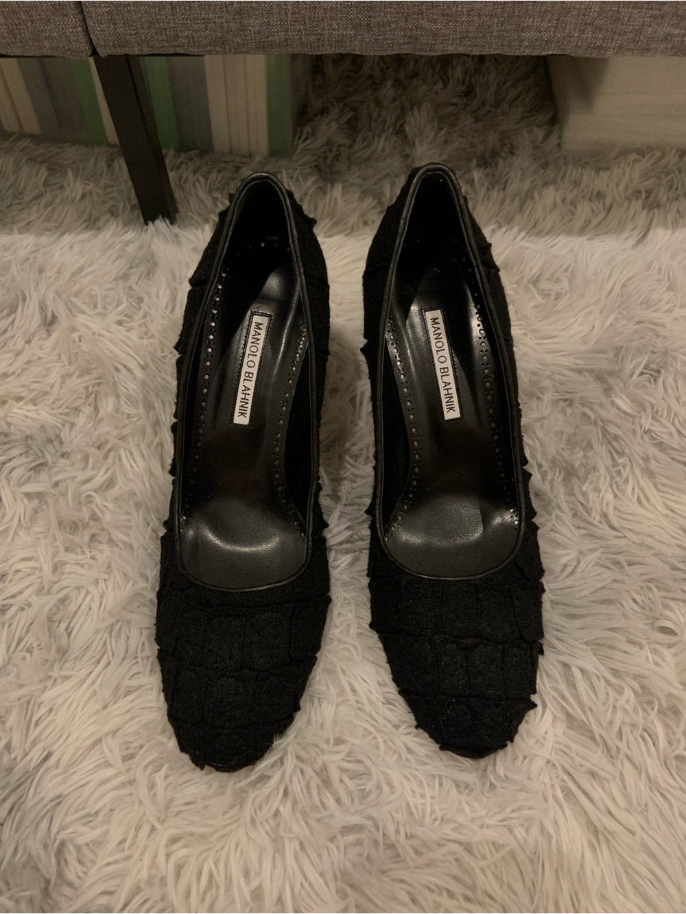 Manolo Blahnik Black Textured Pointed Toe Pumps